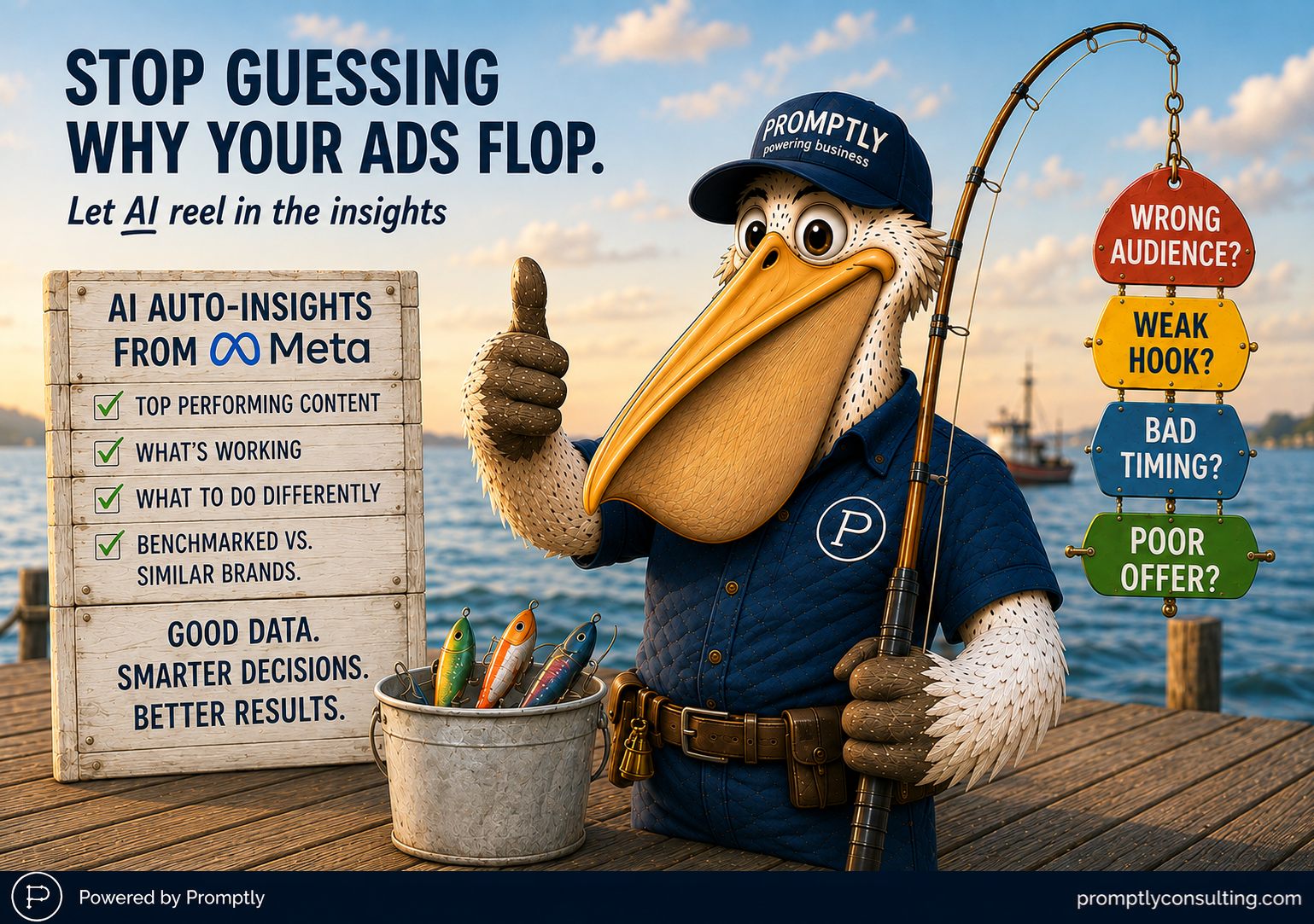 Pelican in a Promptly cap holding a fishing rod on a dock, beside a sign listing Meta AI auto-insights: top performing content, what's working, what to do differently, benchmarked vs similar brands, with lures labeled wrong audience, weak hook, bad timing, poor offer