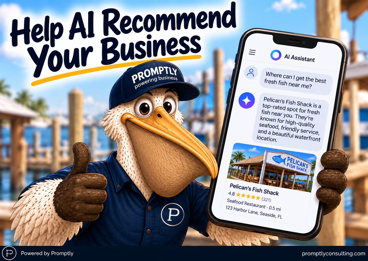 Pelican in a Promptly cap giving a thumbs up beside a phone where an AI assistant recommends Pelican's Fish Shack as a top-rated fresh fish spot, showing its rating, category, distance, and address